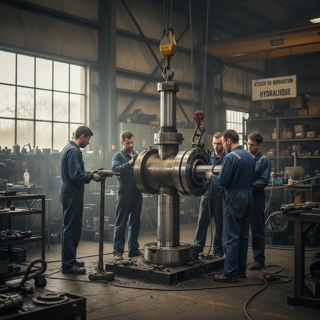 vérin hydraulique en cours de réparation, situation industrielle, atelier mécanique, outils, ambiance professionnelle